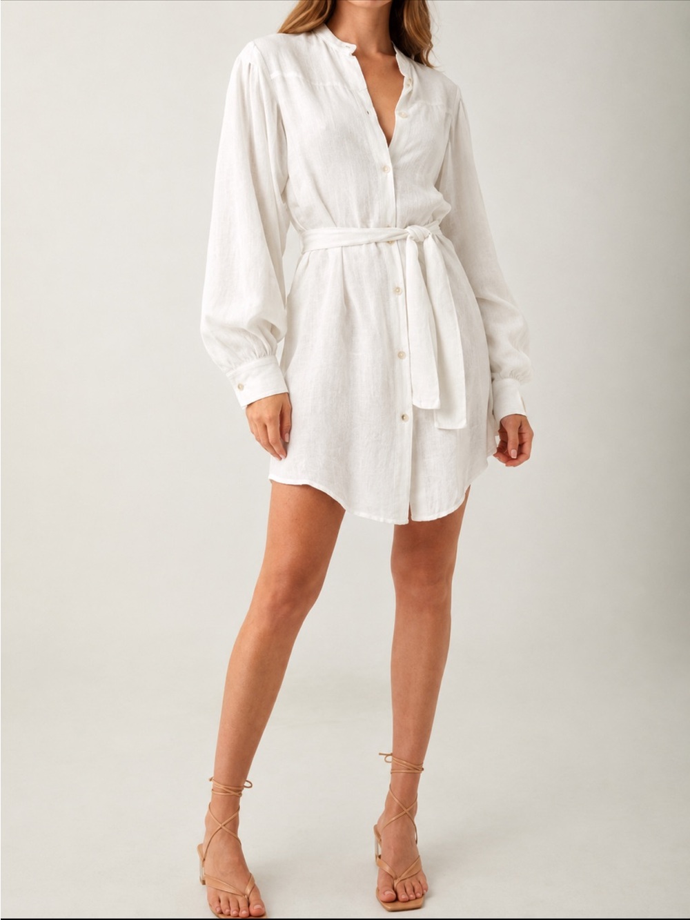 NWOT R.G. Kane White Linen Leawood Long Sleeve Short Dress Sz M